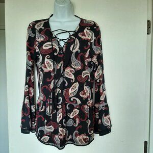 White House Black Market Paisley Bell Sleeve Tassel V-Neck Top Medium